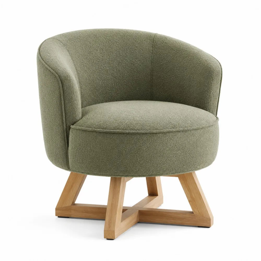 Silla giratoria de poliéster verde oliva con base de madera