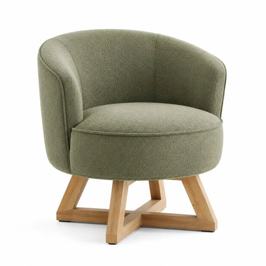 Silla giratoria de poliéster verde oliva con base de madera